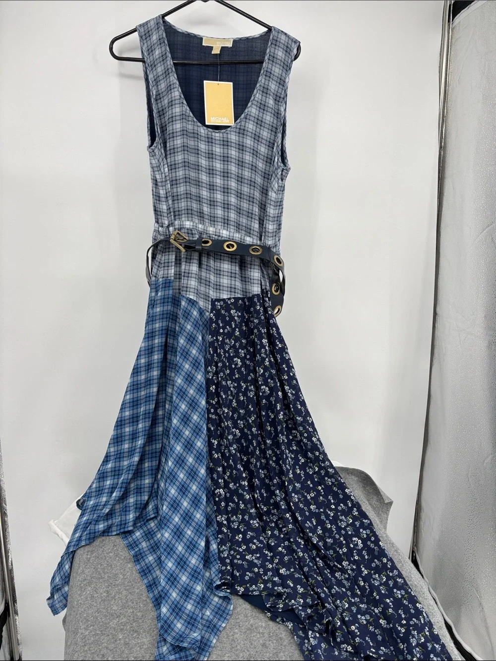 Michael Kors Blue Patchwork handkerchief chambray  Asymmetrical Tank belt Dress